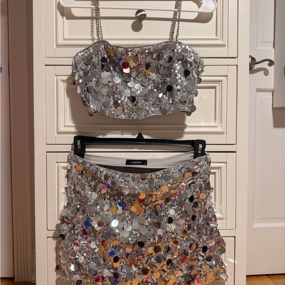 Cider Silver Sequin Mirror-Disc Crop Top & Skirt Set